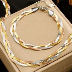 2pcs Stainless Steel Snake Chain Necklace And Bracelet Three Colors 