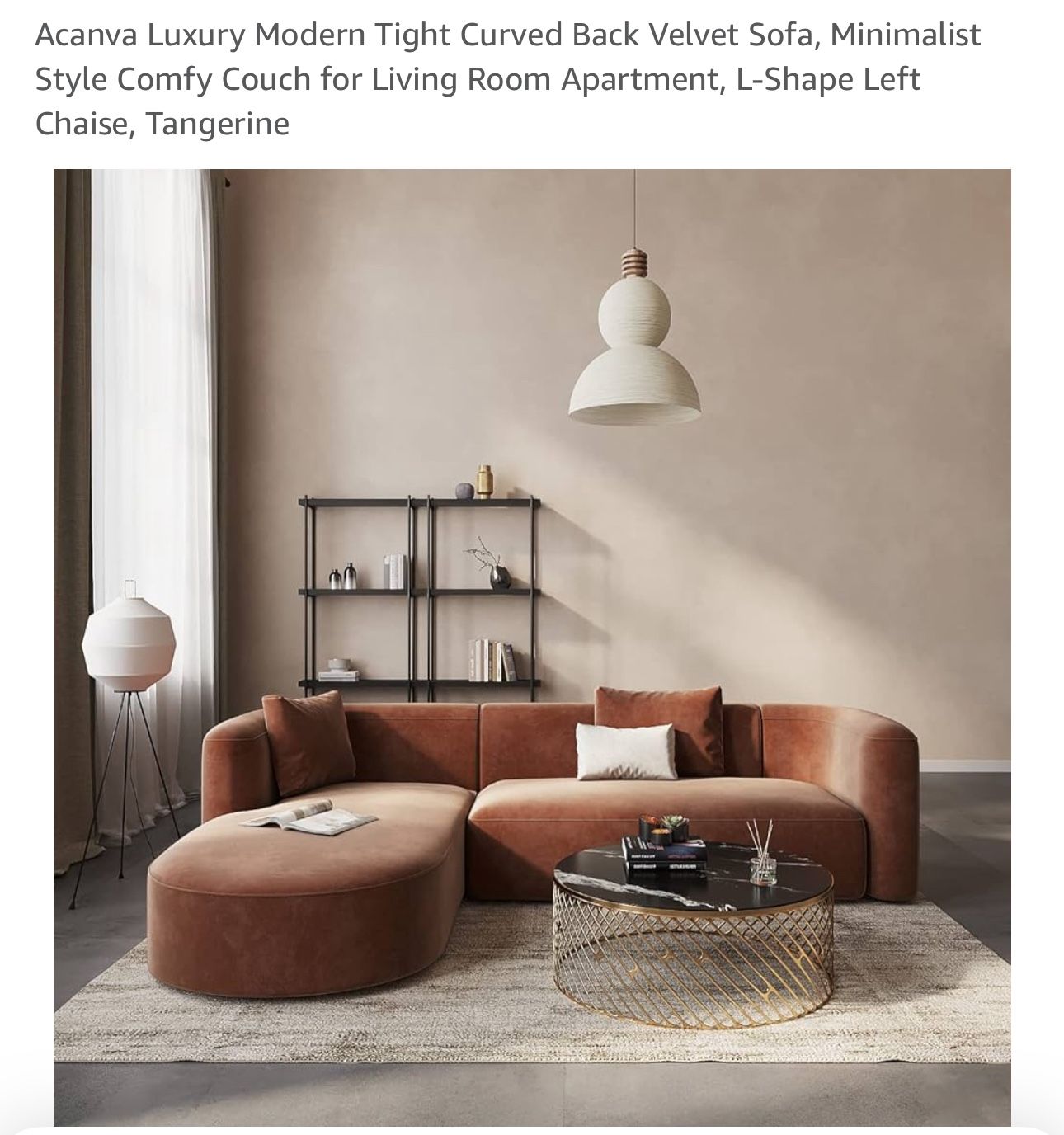 Acanva Luxury Modern Tight Curved Back Velvet Sofa, Minimalist Style Comfy Couch for Living Room Apartment, L-Shape Left Chaise, Tangerine
