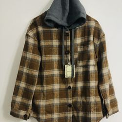 Men’s hooded side pocket buttons down long sleeves shirt  Jacket brown plaid..S