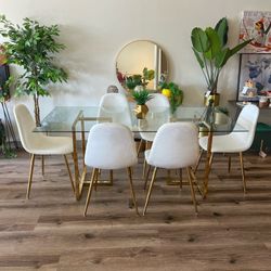 White Gold Glass Modern Dining Set For 6