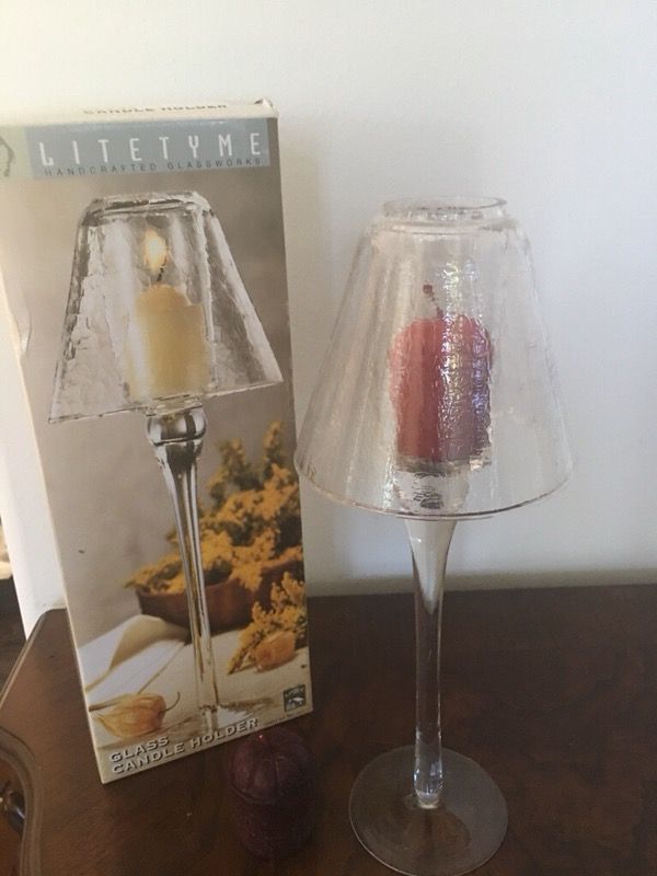 12" alco litetyme glass candle holder handcrafted glassware with 2 candles
