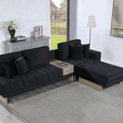 122.5"W Black Velvet Reversible Sectional Sofa Ottoman with Storage Compartment, Drawer, USB ports, Charging Outlets