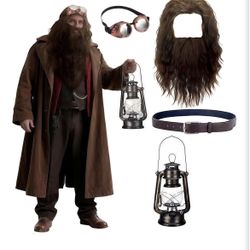 4 Pcs Wizard Party Costume Halloween Cosplay Wizard Brown Wig 