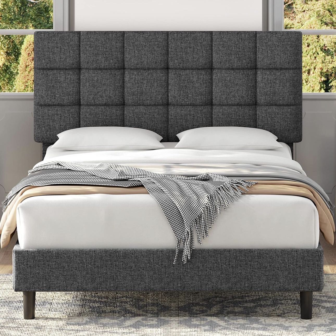Upholstered Bed Frame, Platform Bed Frame with Adjustable Headboard, Mattress Foundation, Strong 613858