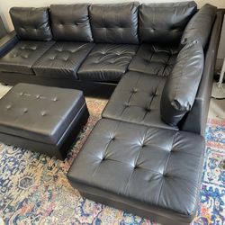 Brand New Heights Black Faux Leather Reversible Sectional with Storage Ottoman 