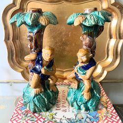 Rare Vintage 12” H 1970s Majolica Monkey Candle Holders - Pair