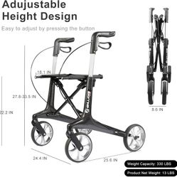 WHLLICKS Carbon Walkers for Seniors, 13lbs Ultra-Lightweight All Terrain Silent Wheels Foldable Rollator Walker with Seat and Backrest for Adults