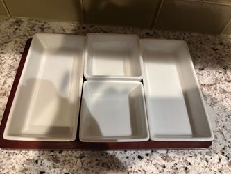 Ceramic 4-Piece Serving Set with Wooden Tray