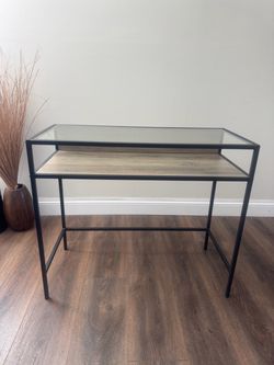 Glass Top Console Table – Black Metal & Wood
