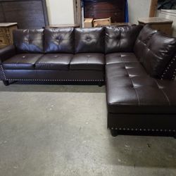 Dark Brown Leather 2 Piece L Shaped Sectional Couch