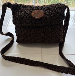 Christian Livingston Collection Brown Woven Crossbody Bag with Wood Button
