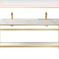 Vinnova 72-in. Brushed Gold Double Sink Vanity with Engineered Stone Top New!
