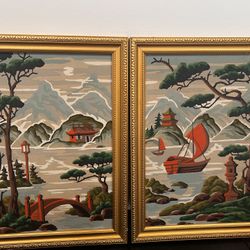Vintage Mid-Century Asian Landscape Paintings (Pair) – Hand-Painted, “Made in Japan,” Framed