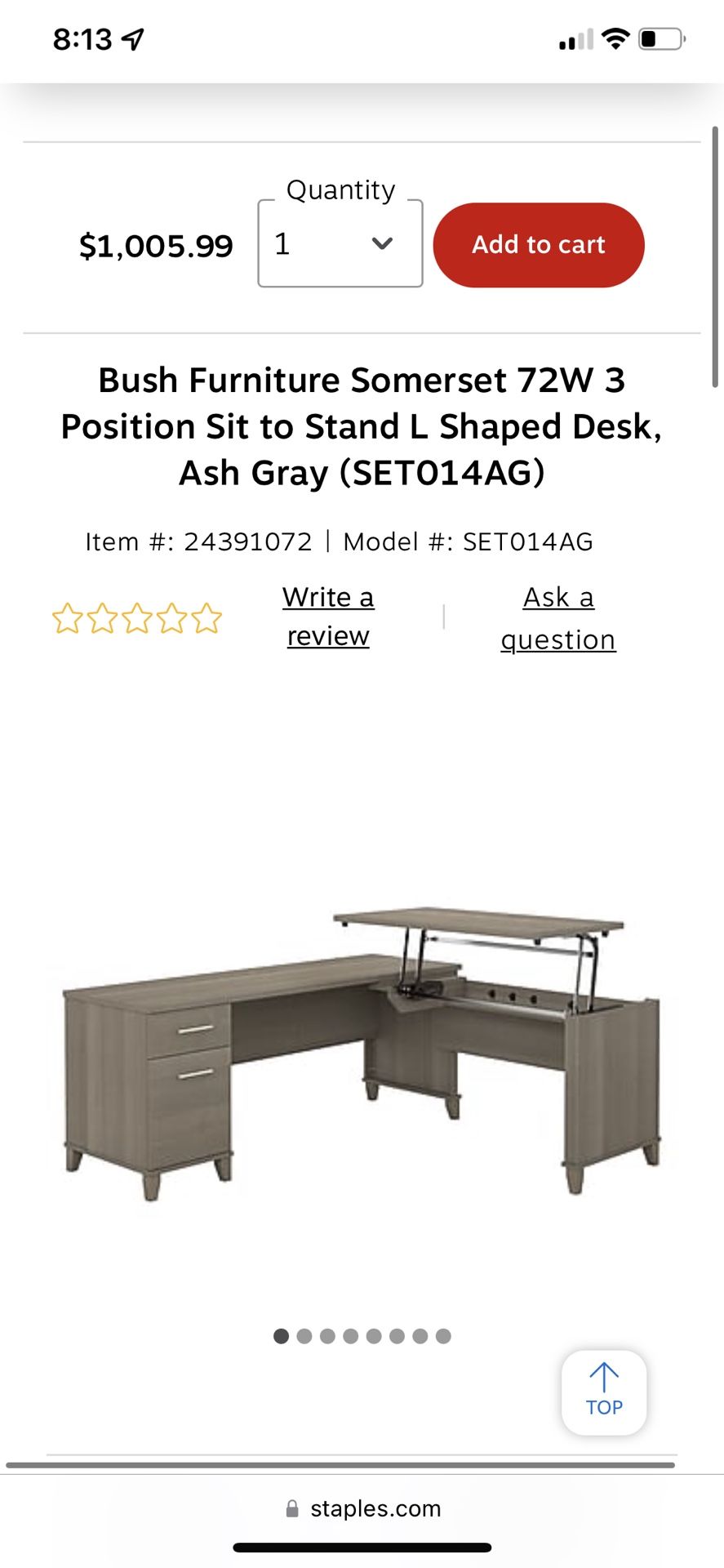 Bush Furniture Somerset 72W 3 Position Sit to Stand L Shaped Desk, Ash Gray