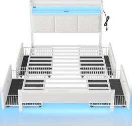 Rolanstar Bed Frame Twin Size with Charging Station and LED Lights, Upholstered Storage Headboard