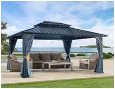 12x12ft Gazebo Double Roof Canopy with Netting and Curtains, Outdoor Gazebo 2-Tier Hardtop Galvanized Iron Aluminum Frame Garden Tent for Patio, Backy