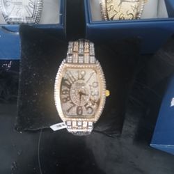 Iced Out Tonneau Crystal Watch Gold Tone