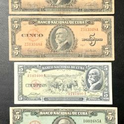 4 Billetes 5 Pesos-1(contact info removed)-1(contact info removed)-banco Nacional De Cuba-circulados