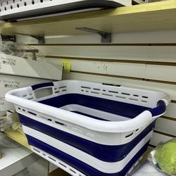 Collapsible Laundry Basket White and Blue