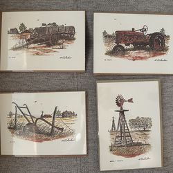 Lot Of 4 Al Richardson Prints 5x7” Texas Farm Scenes Wagon, Plow, Tractor and Windmill & Mesquite
