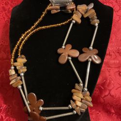 30”brown Beaded,butterfly,tigers Eye stones,and Silver…. Necklace Set With Matching Earrings,by Ct Color