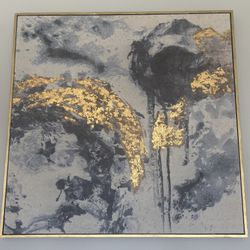 36x36 Moody Blue, White, Gold Painting Framed