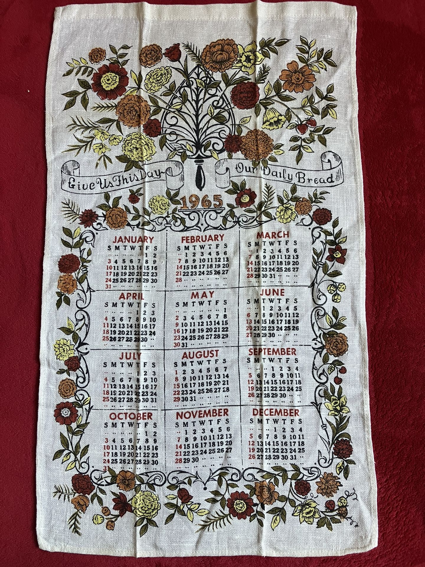 VINTAGE - NEW - PURE LINEN CALENDAR 1965 KITCHEN TEA TOWEL - 16" W x 28" H‼️ See MORE Collection Here ‼️