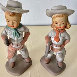 Vtg. 2 Lefton 1940s Cowboy Cowgirl Figurines 5.75” Tall Hand-Painted