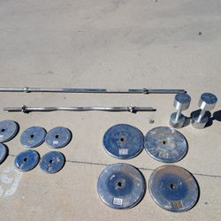 Curl Bar & Bench Bar + Weight Plates & 2 Dumbbells ((SOLD AS A BUNDLE))