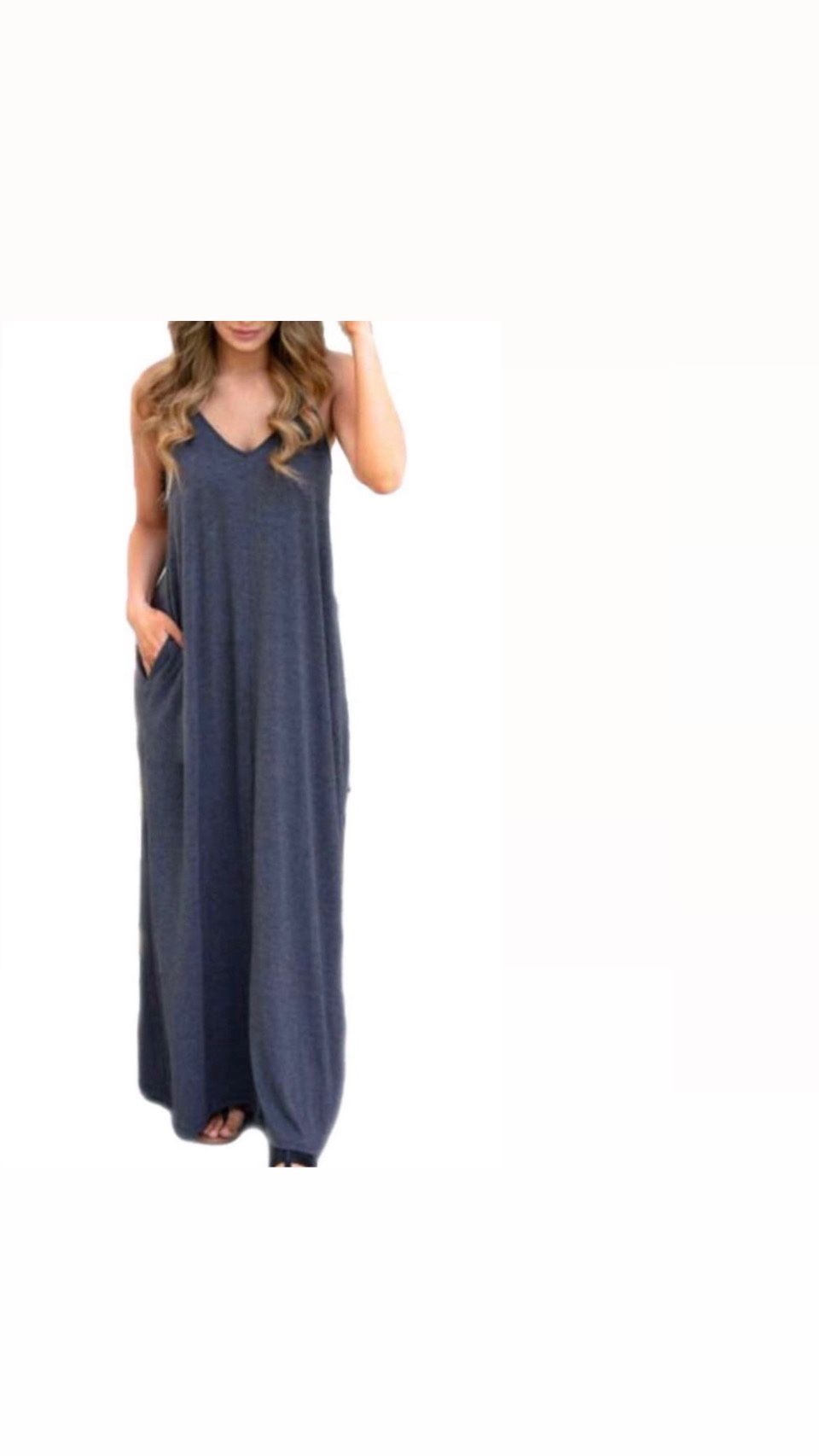 Casual V Neck Sleeveless Flowy Pockets Loose Long Maxi Beach Dress Sundress