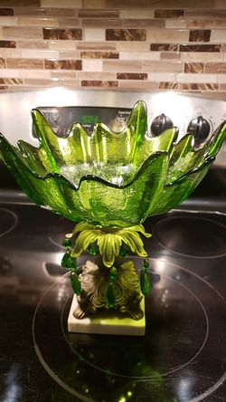 vintage marble base, brass, green glass 12" tall