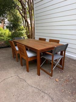 RH Outdoor Dining Set Marbella Natural Teak Six Chairs Restoration Hardware