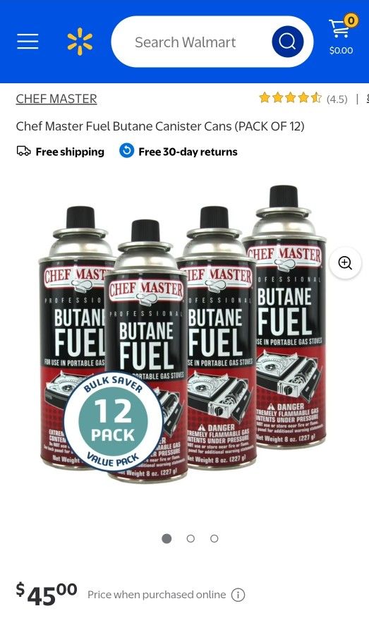 12-pack of Chef Master Professional Butane Fuel canisters, designed for use in portable gas stoves.