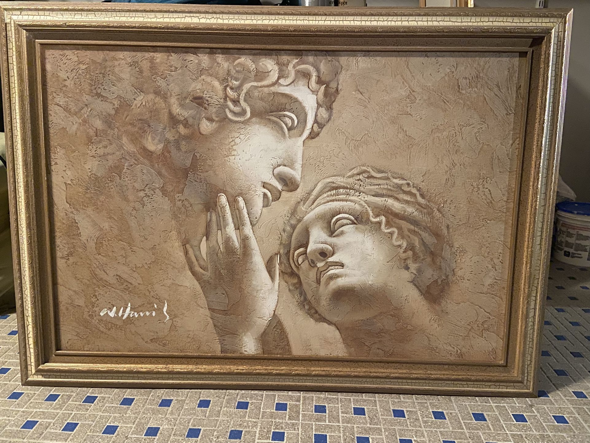 Vintage 1970s W. Hamil Impasto Painting Of Greek Lovers 20x28” In Frame