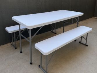 White Folding Picnic Table with 2 New Matching Benches