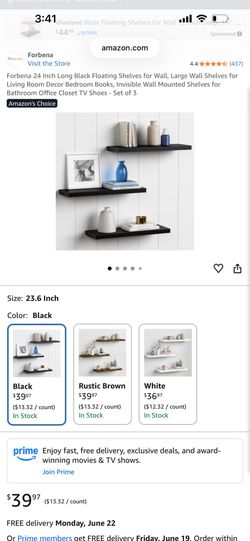 Forbena 24 Inch Long Black Floating Shelves for Wall, Large Wall Shelves for Living Room Decor Bedroom Books, Invisible Wall Mounted Shelves for Bathr