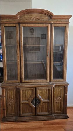 FREE!! Vintage Two-Piece Dark China Cabinet And Hutch With Glass Paneled Doors