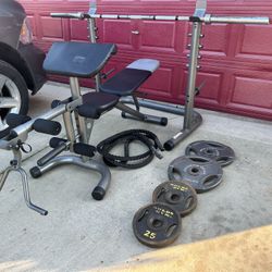 Squad Rack Adjustable Bench Bar And Weights About 185lbs Including The Bar 