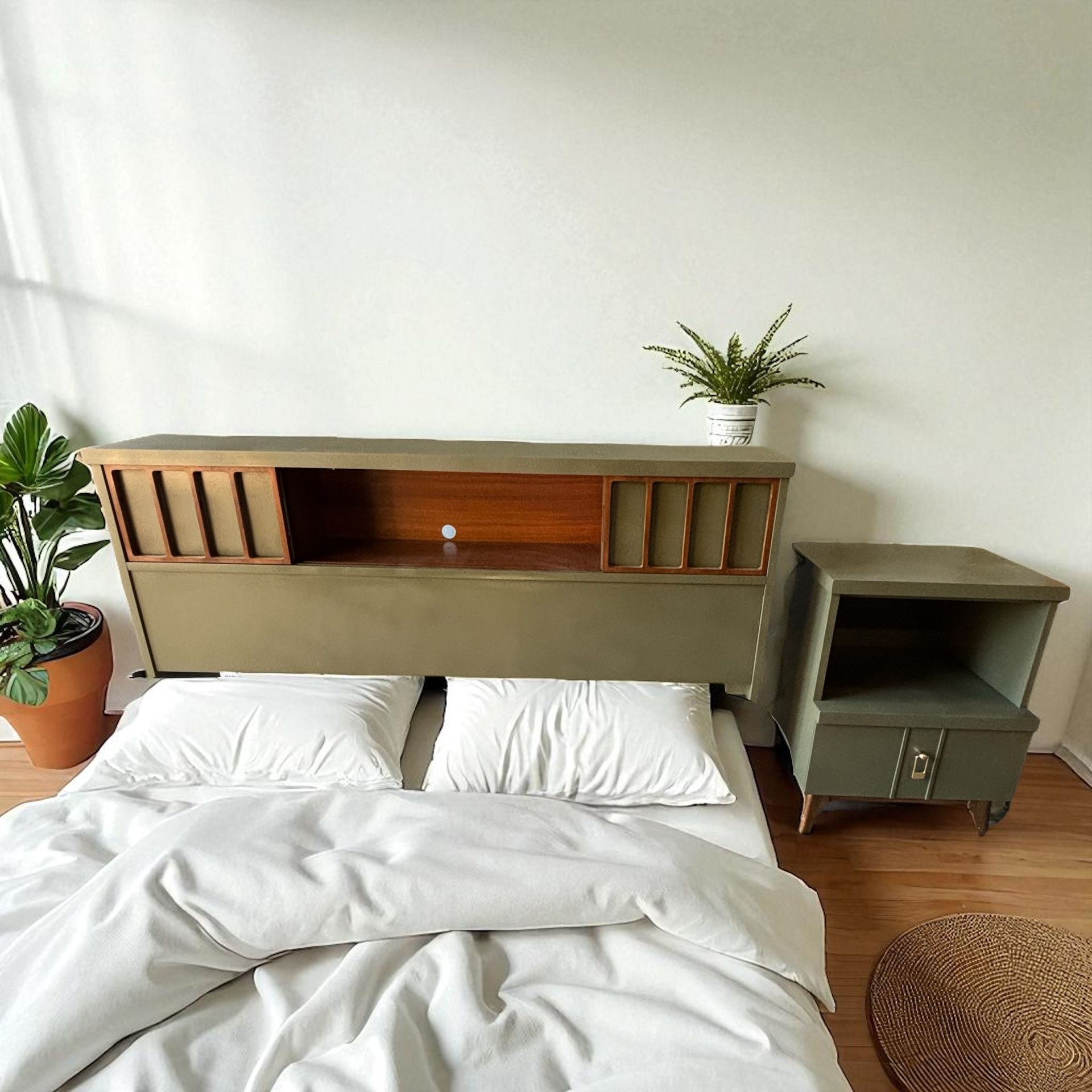 Vintage MCM Double Headboard + Nightstand 