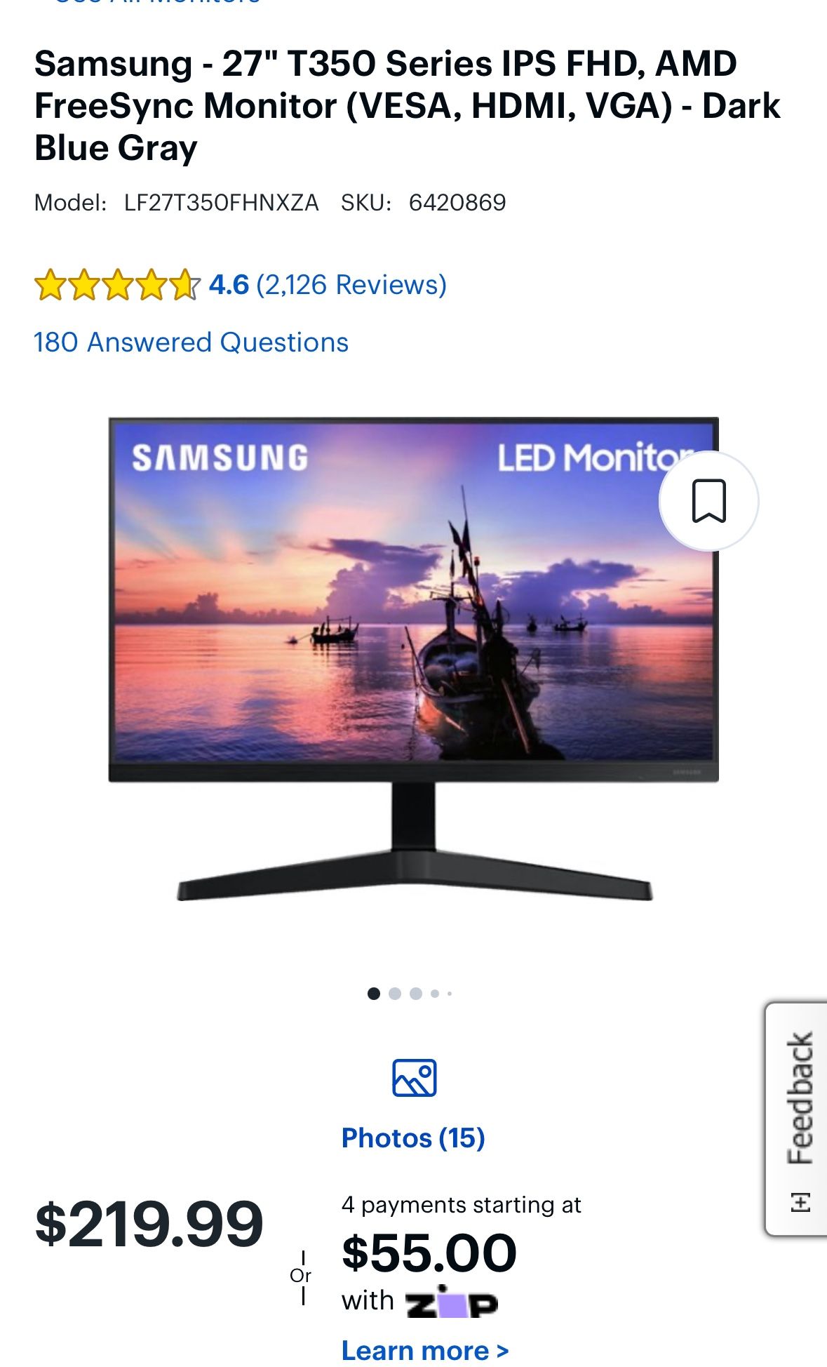 Like New Samsung F27T350FHN 27 Full HD LED Monitor, FreeSync