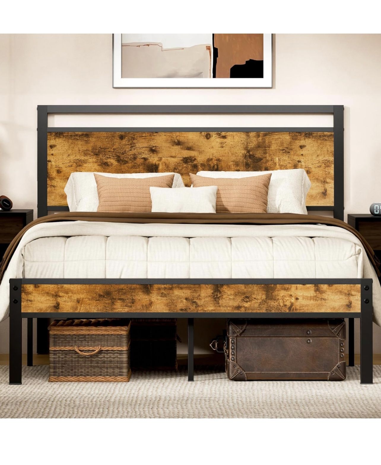 Full Metal Bed Frame 14inch Height Wooden Headboard And Footboard