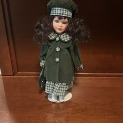 Vintage 16” Girl Doll With Green Dress And Stand