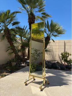80s Vintage Postmodern Glam Brass floor mirror on caster wheels