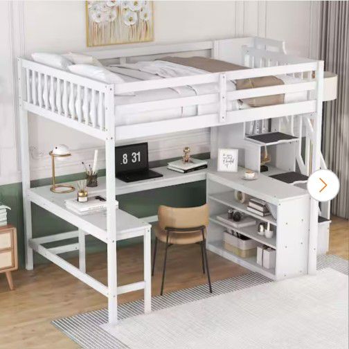 Full Size Loft Bed with Desk, Shelves And Storage Staircase