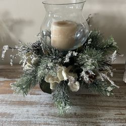 Winter Frosted Greenery Candle Centerpiece with Glass Hurricane