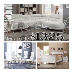 New white Miami bundle queen bedroom set, Dining set & sofa sectional
