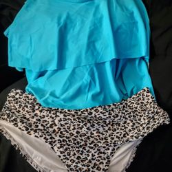 Women's High Waisted Ruched Ruffle Falbala Bikini Swimsuit Blue Leopard XXL NWT