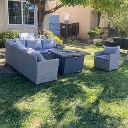 Grey 🔵 Cushions Patio Furniture Set Outdoor Patio Furniture Patio Furniture Set Patio Chairs Propane Fire Pit 