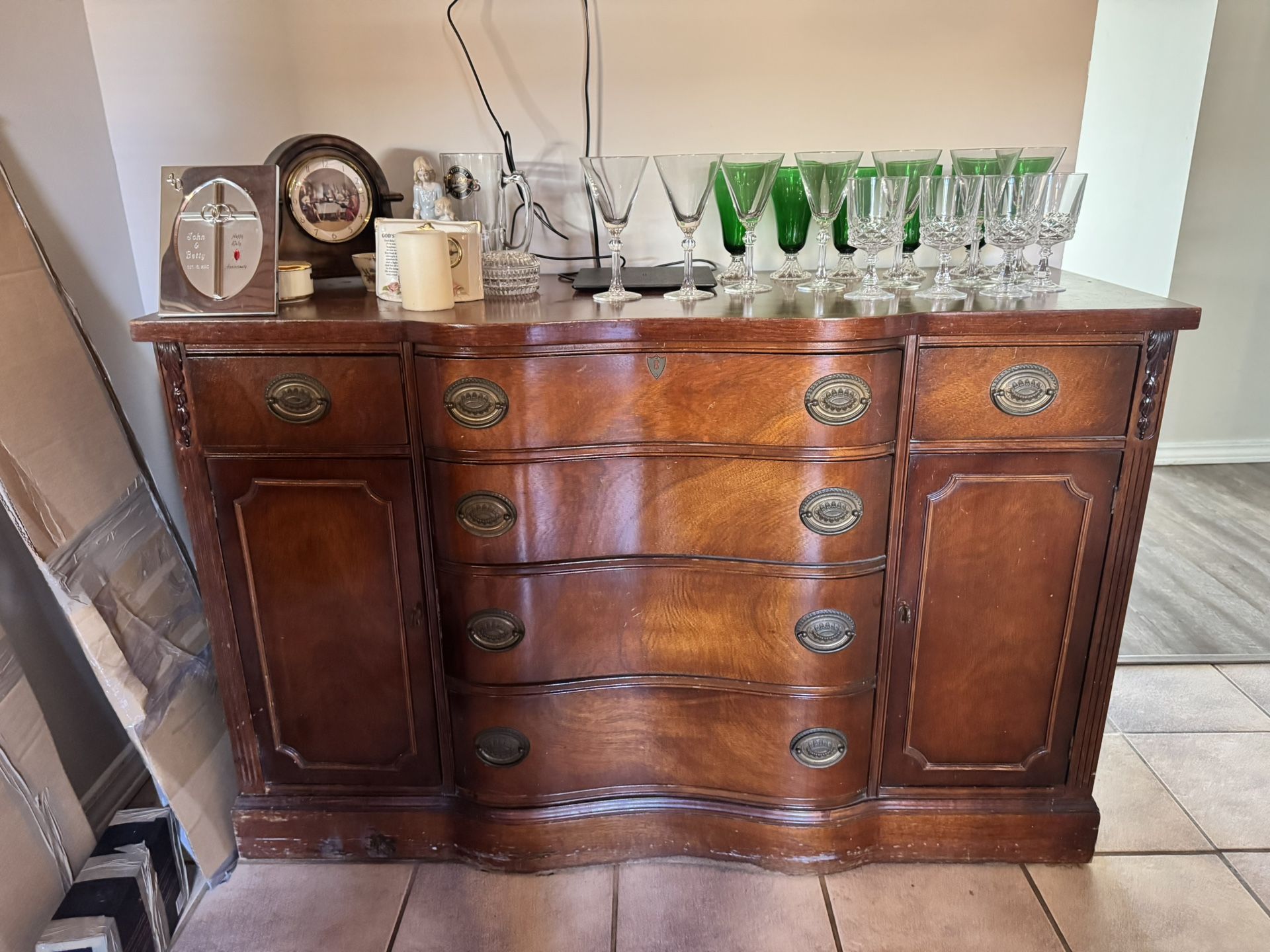 Vintage Antique Wood & Brass Server