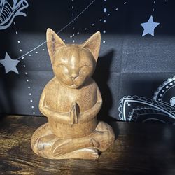 Wood Yoga Cat Statue